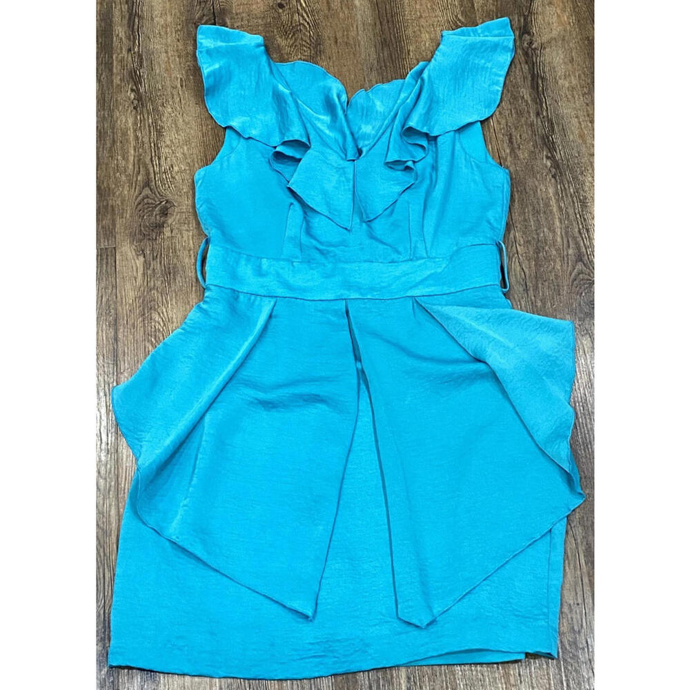 Y2K Teeze Me Dress Tiered Teal Green Ruffled Mini Prom  Sleeveless No Belt Satin